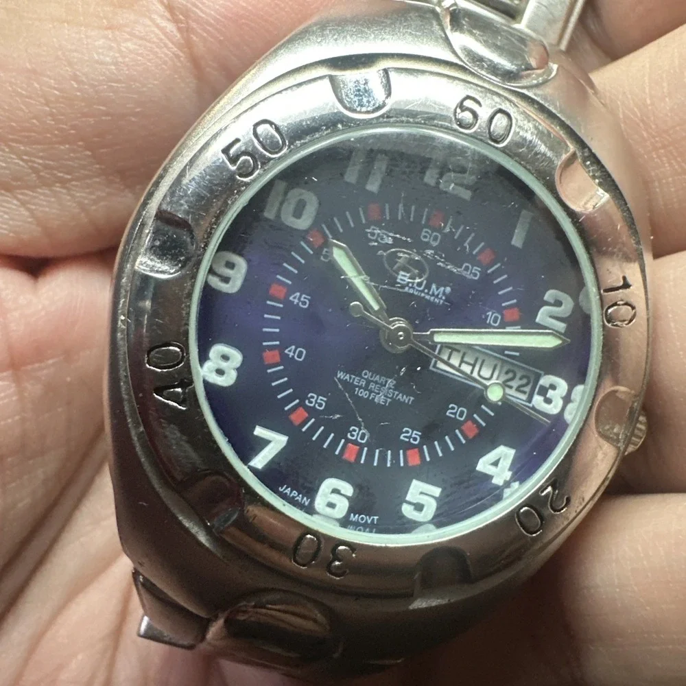Working B.U.M Equipment Purple Dial Silver Tone Mens Watch Lume‎ 39mm Fit 7.5in